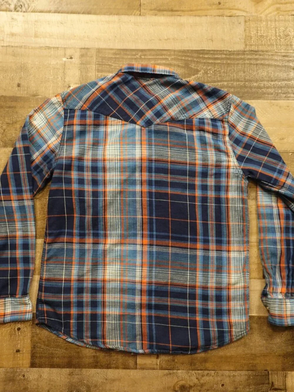 Levi’s Western Plaid Pearl Snap Shirt Men’s Large Blue Orange Cowboy